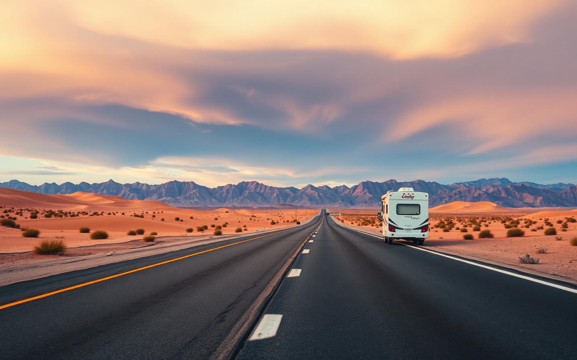 RV on a desert highway near Morongo Valley at golden hour